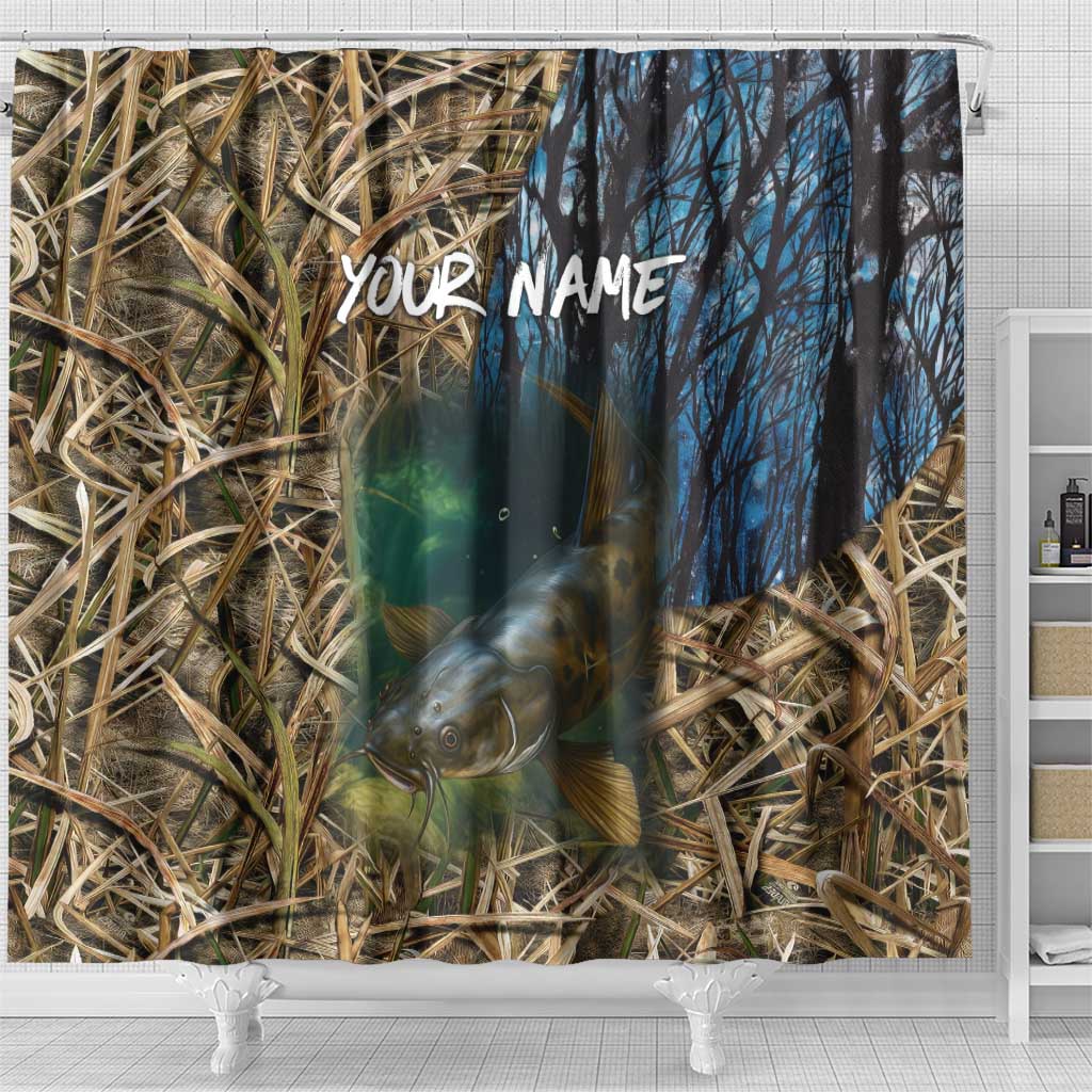 Catfish Fishing Underwater Scene Shower Curtain Custom Name Swamp Grass and Camouflage - Wonder Print Shop