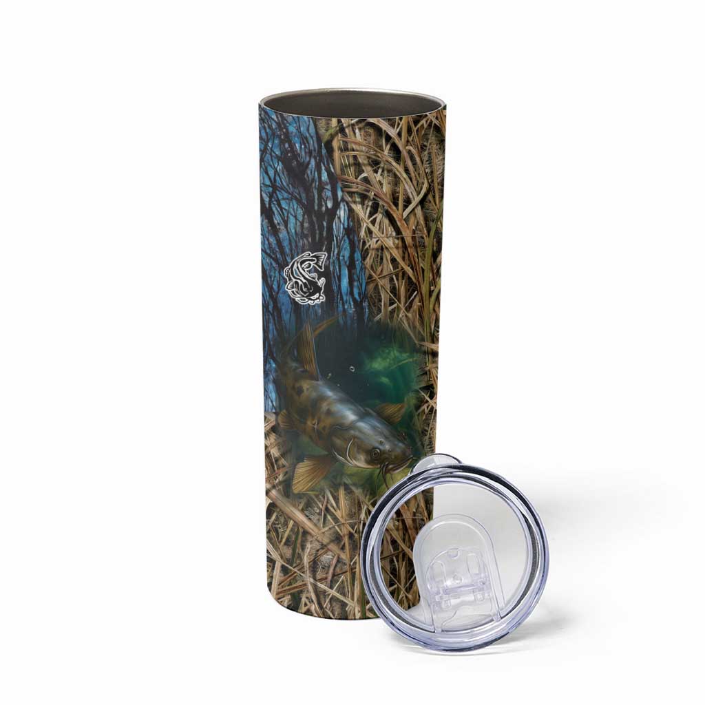 Catfish Fishing Underwater Scene Skinny Tumbler Custom Name Swamp Grass and Camouflage - Wonder Print Shop