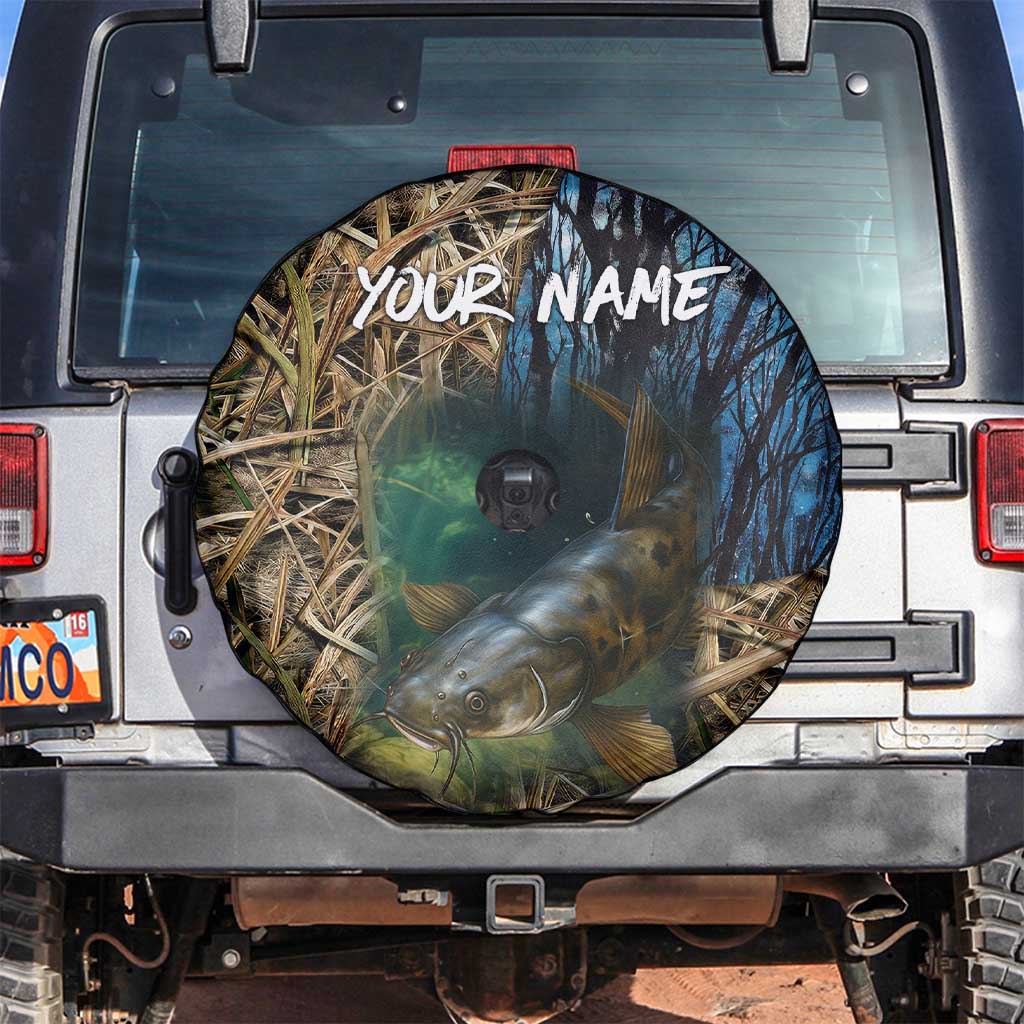Catfish Fishing Underwater Scene Spare Tire Cover Custom Name Swamp Grass and Camouflage - Wonder Print Shop