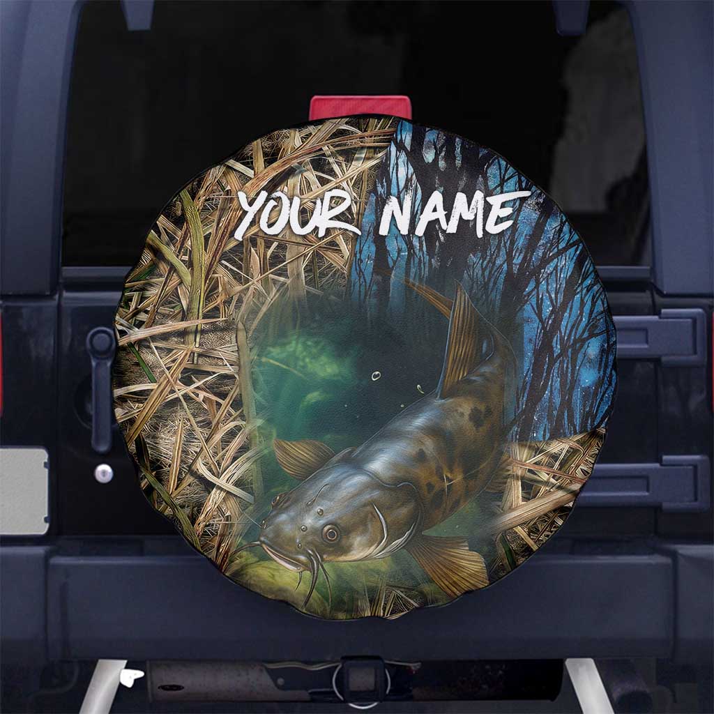 Catfish Fishing Underwater Scene Spare Tire Cover Custom Name Swamp Grass and Camouflage - Wonder Print Shop