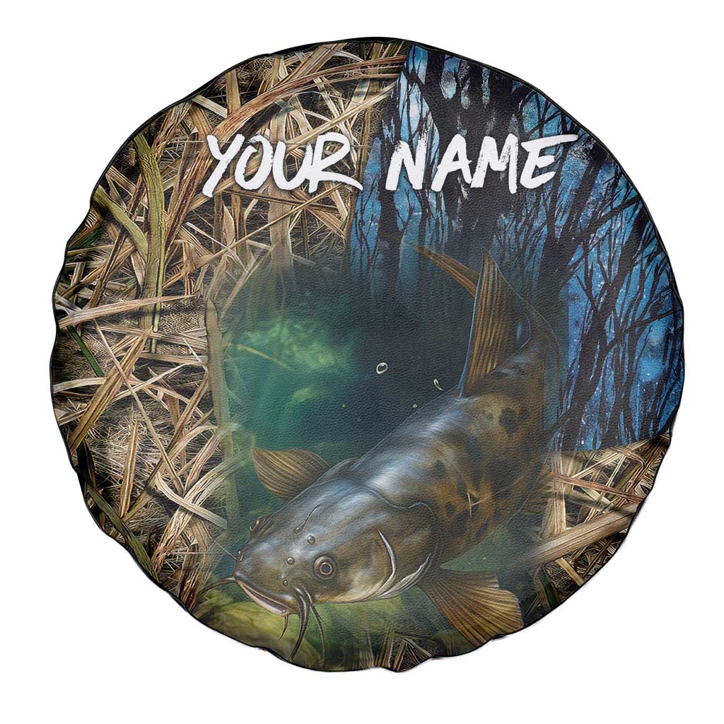 Catfish Fishing Underwater Scene Spare Tire Cover Custom Name Swamp Grass and Camouflage - Wonder Print Shop