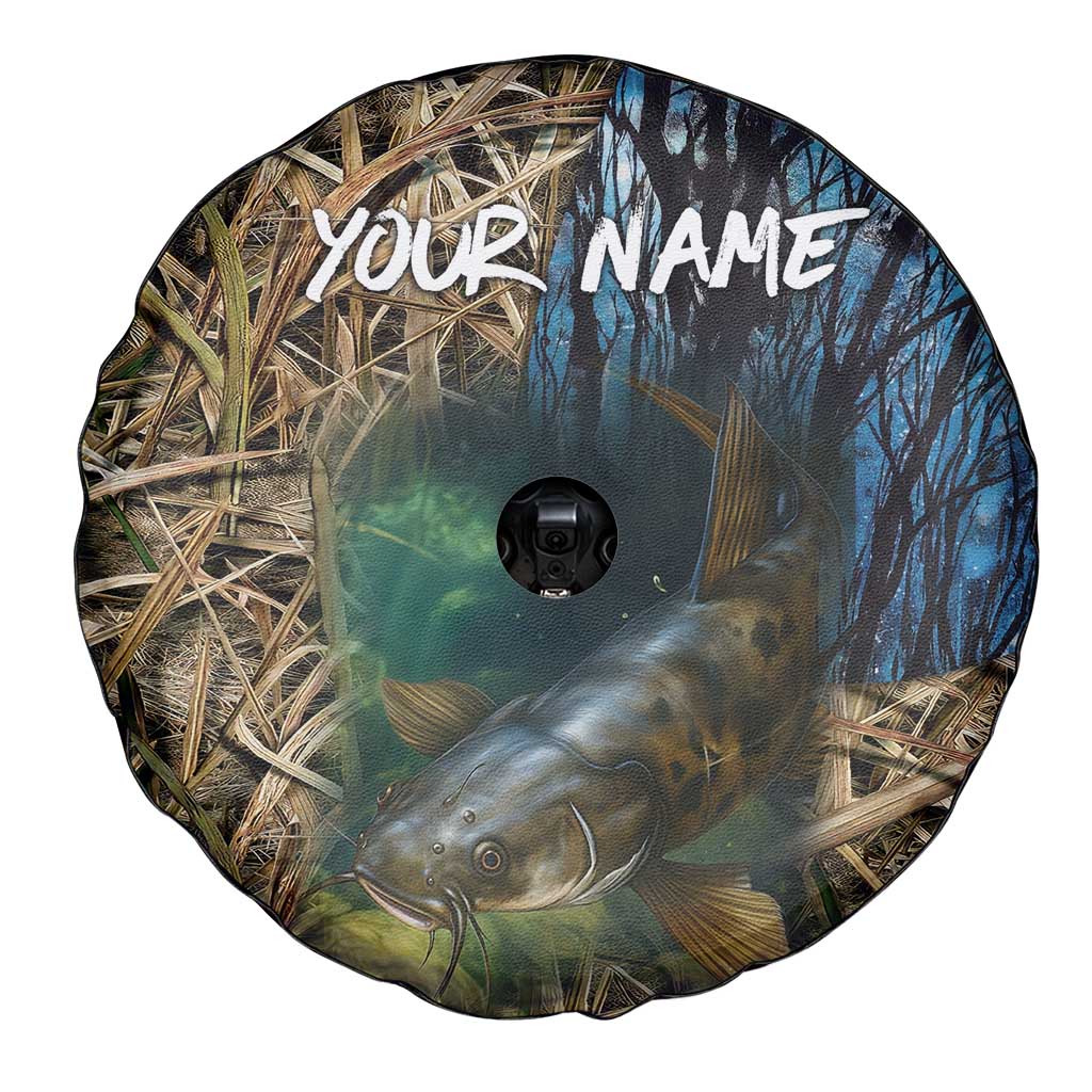Catfish Fishing Underwater Scene Spare Tire Cover Custom Name Swamp Grass and Camouflage - Wonder Print Shop