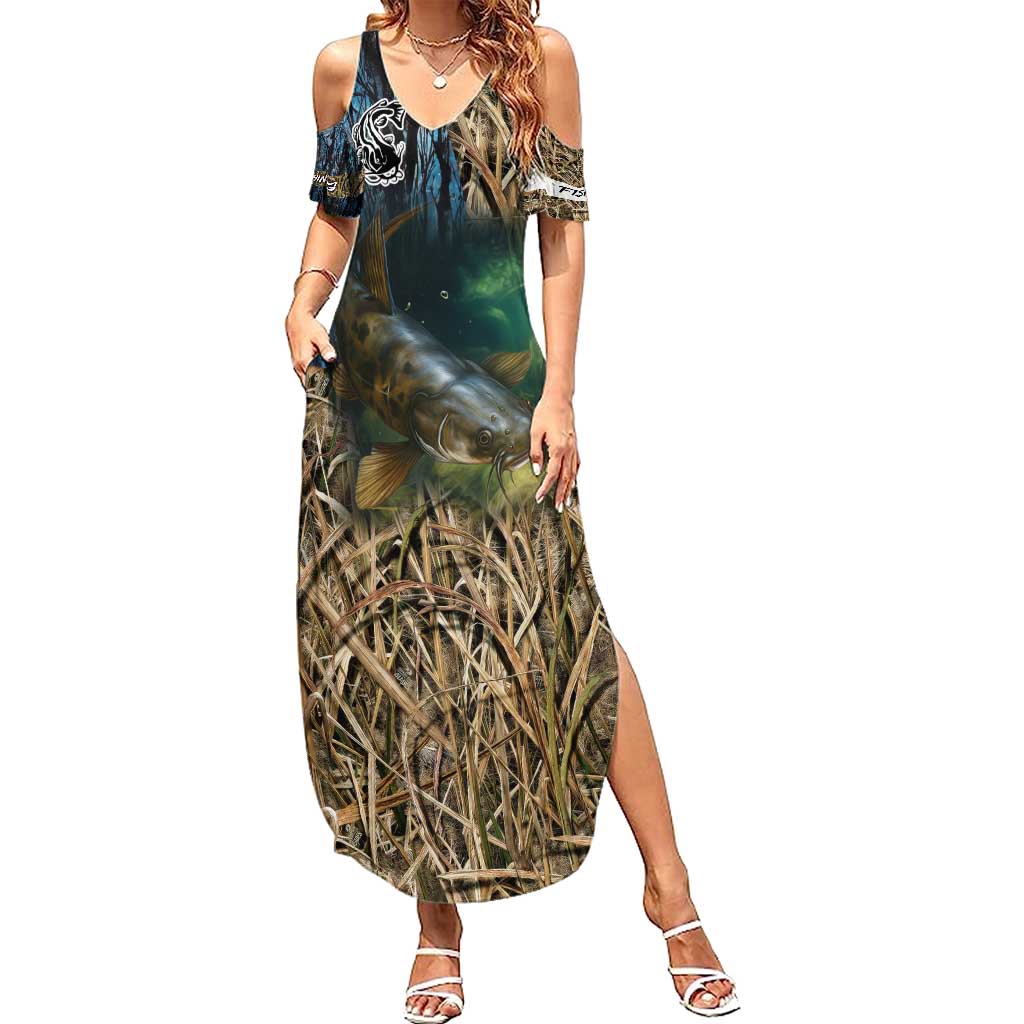 Catfish Fishing Underwater Scene Summer Maxi Dress Custom Name Swamp Grass and Camouflage - Wonder Print Shop