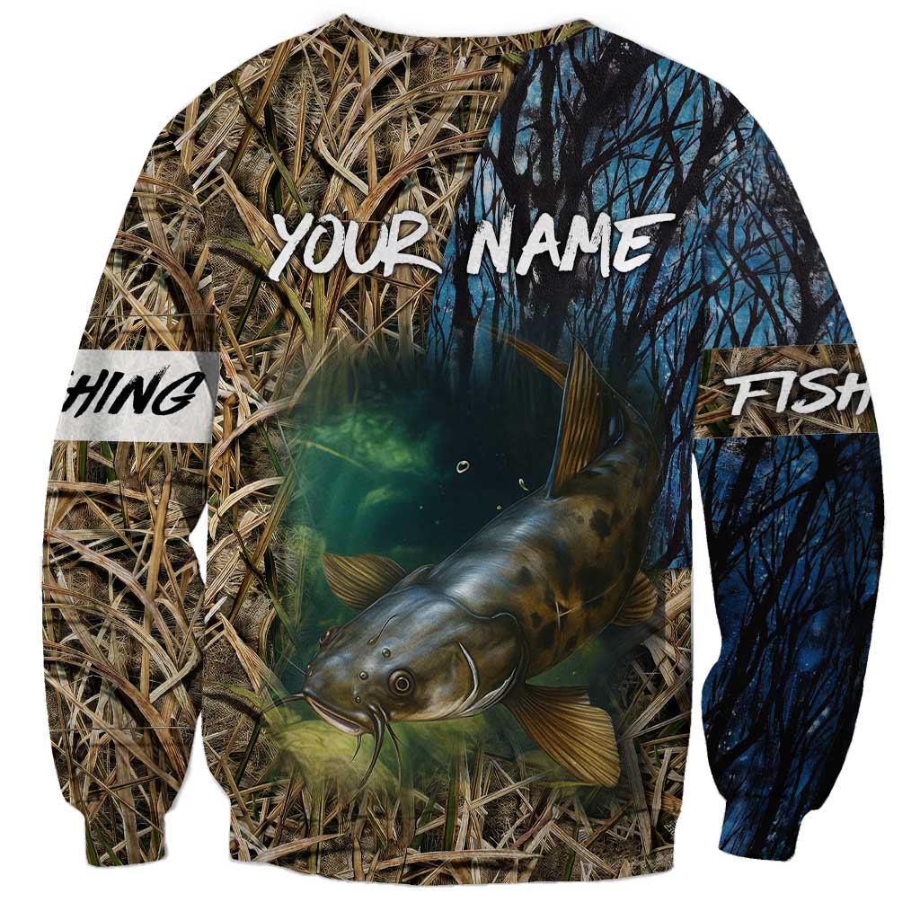Catfish Fishing Underwater Scene Sweatshirt Custom Name Swamp Grass and Camouflage - Wonder Print Shop
