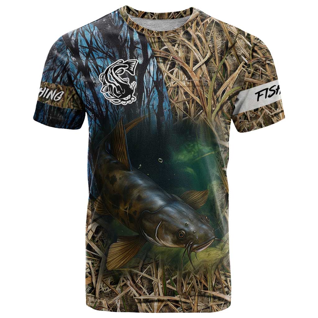 Catfish Fishing Underwater Scene T Shirt Custom Name Swamp Grass and Camouflage - Wonder Print Shop
