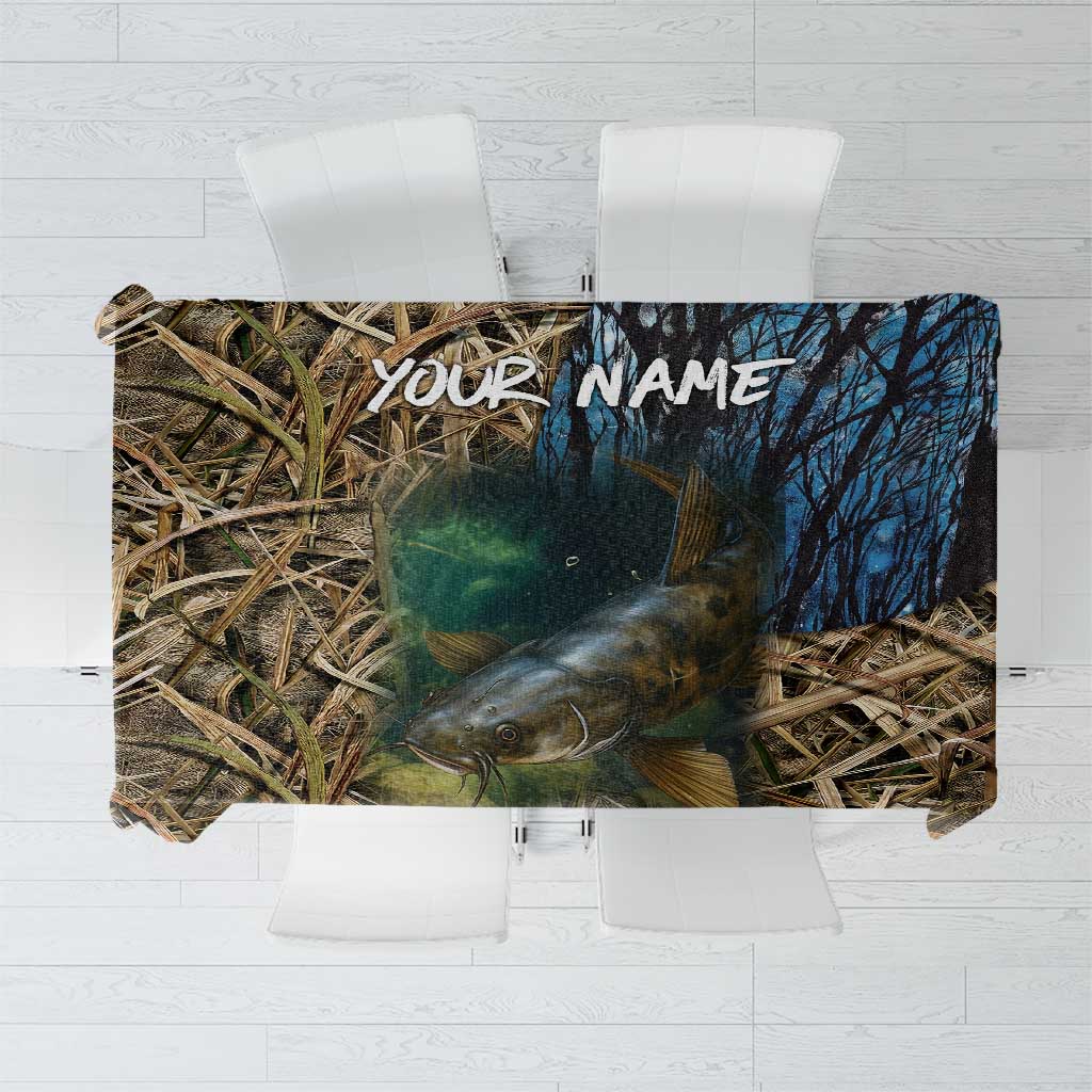 Catfish Fishing Underwater Scene Tablecloth Custom Name Swamp Grass and Camouflage - Wonder Print Shop