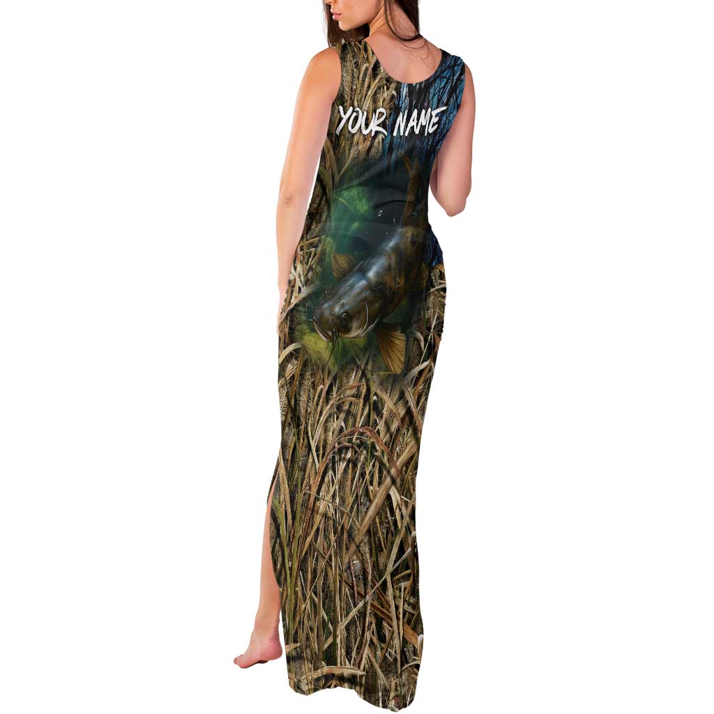 Catfish Fishing Underwater Scene Tank Maxi Dress Custom Name Swamp Grass and Camouflage - Wonder Print Shop
