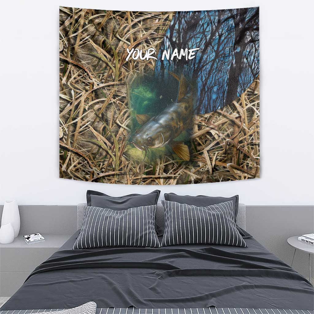 Catfish Fishing Underwater Scene Tapestry Custom Name Swamp Grass and Camouflage - Wonder Print Shop