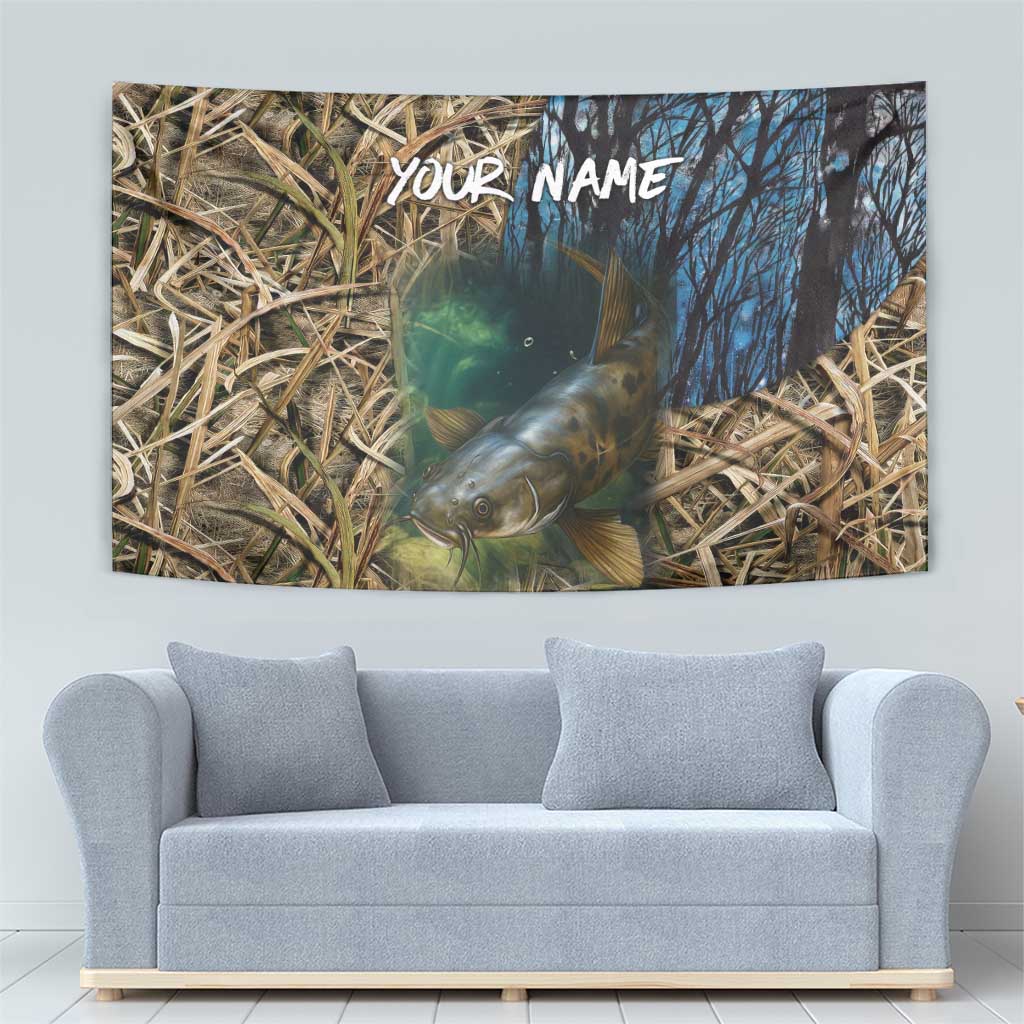 Catfish Fishing Underwater Scene Tapestry Custom Name Swamp Grass and Camouflage - Wonder Print Shop
