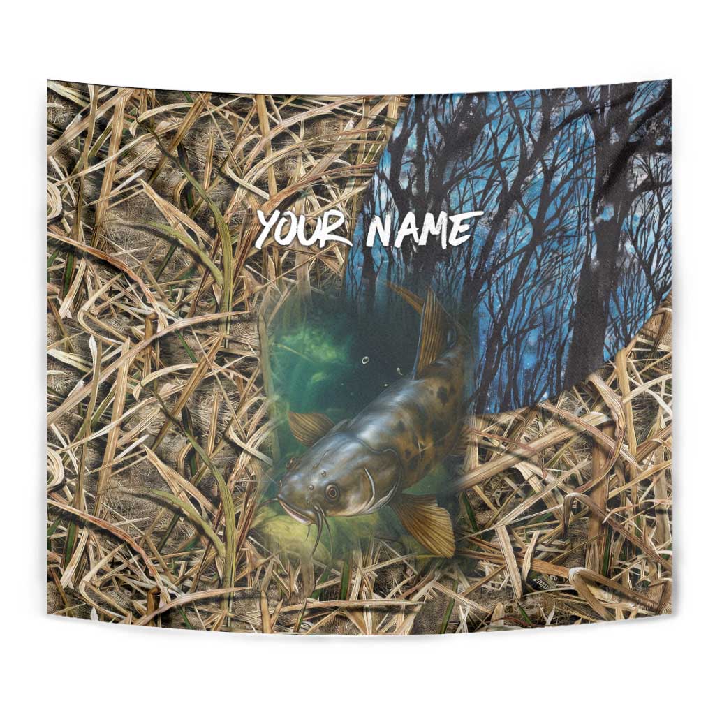Catfish Fishing Underwater Scene Tapestry Custom Name Swamp Grass and Camouflage - Wonder Print Shop