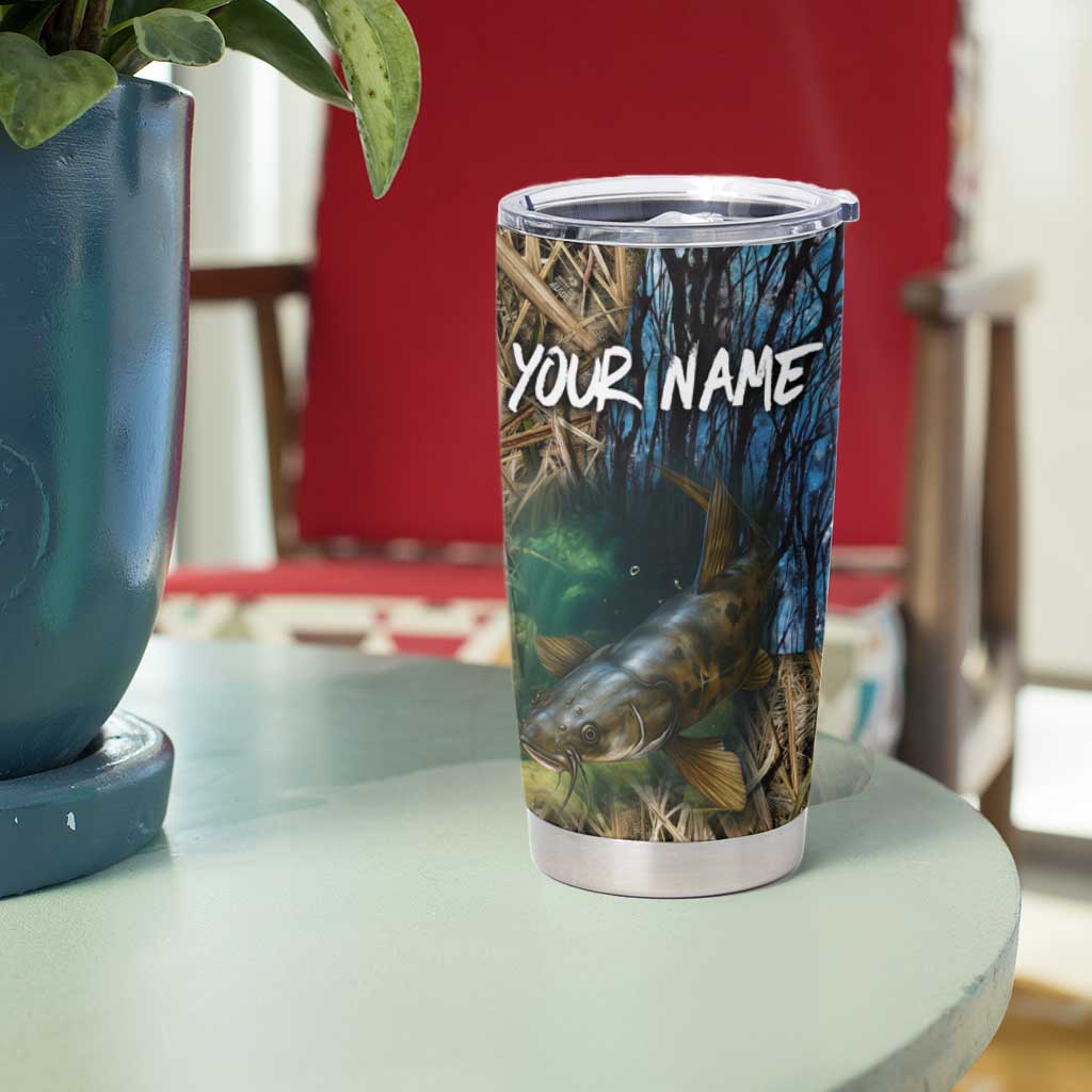 Catfish Fishing Underwater Scene Tumbler Cup Custom Name Swamp Grass and Camouflage - Wonder Print Shop