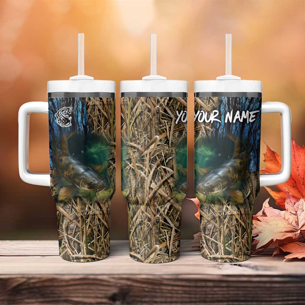 Catfish Fishing Underwater Scene Tumbler With Handle Custom Name Swamp Grass and Camouflage - Wonder Print Shop