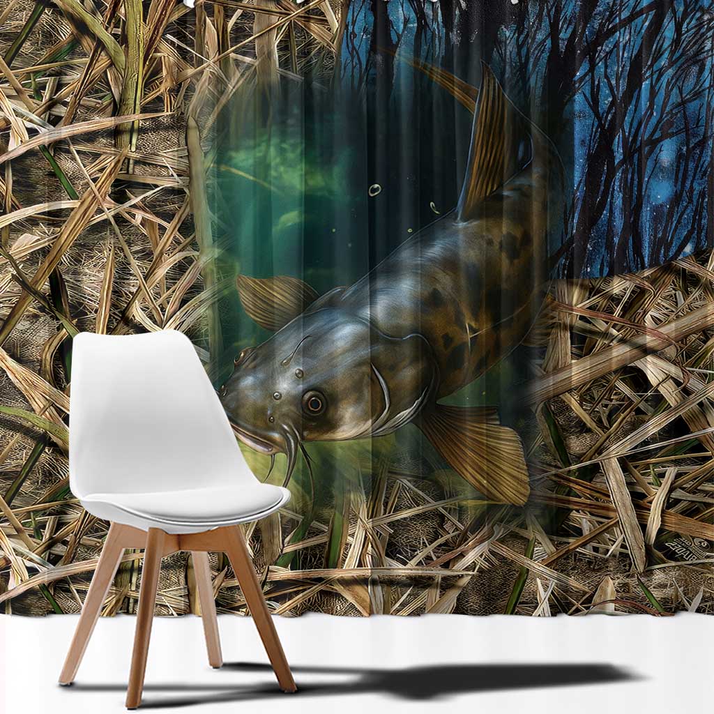 Catfish Fishing Underwater Scene Window Curtain Custom Name Swamp Grass and Camouflage - Wonder Print Shop