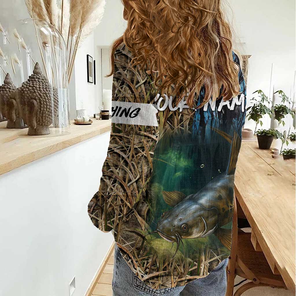 Catfish Fishing Underwater Scene Women Casual Shirt Custom Name Swamp Grass and Camouflage - Wonder Print Shop