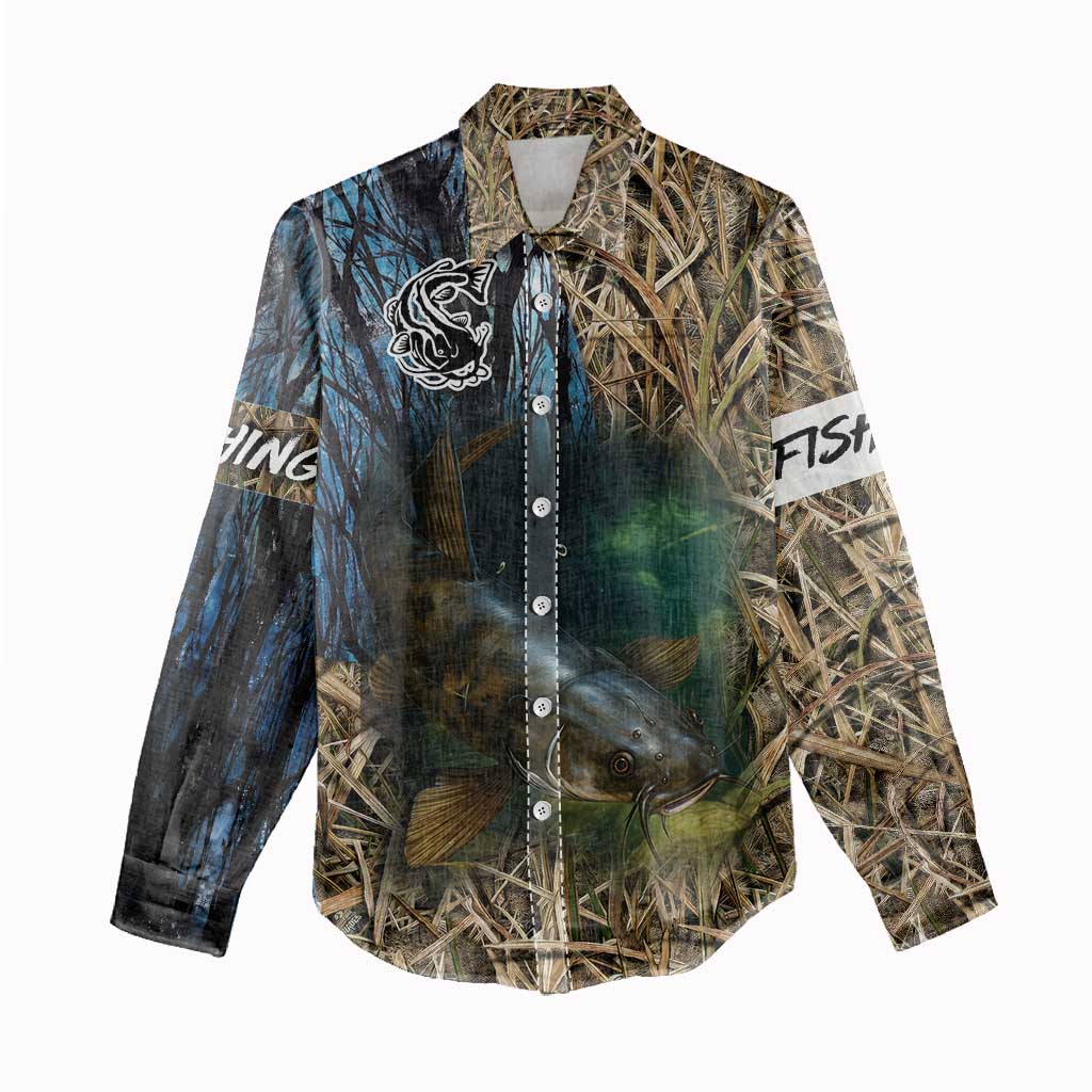 Catfish Fishing Underwater Scene Women Casual Shirt Custom Name Swamp Grass and Camouflage - Wonder Print Shop