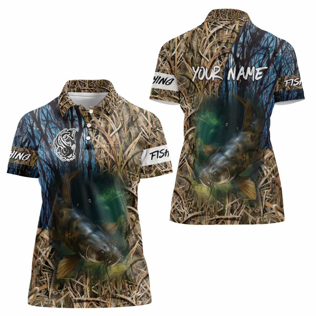 Catfish Fishing Underwater Scene Women Polo Shirt Custom Name Swamp Grass and Camouflage - Wonder Print Shop