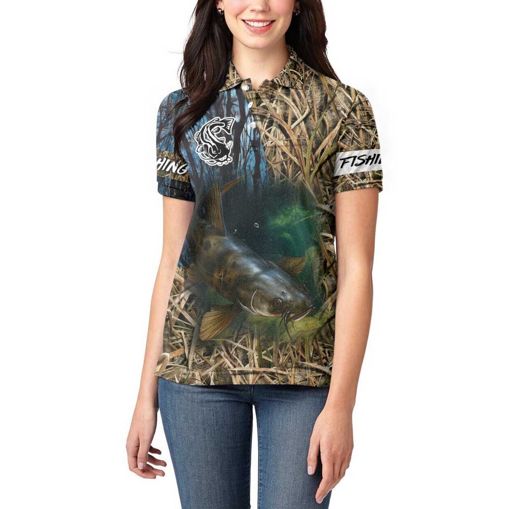 Catfish Fishing Underwater Scene Women Polo Shirt Custom Name Swamp Grass and Camouflage - Wonder Print Shop
