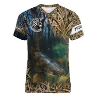 Catfish Fishing Underwater Scene Women V-Neck T-Shirt Custom Name Swamp Grass and Camouflage - Wonder Print Shop
