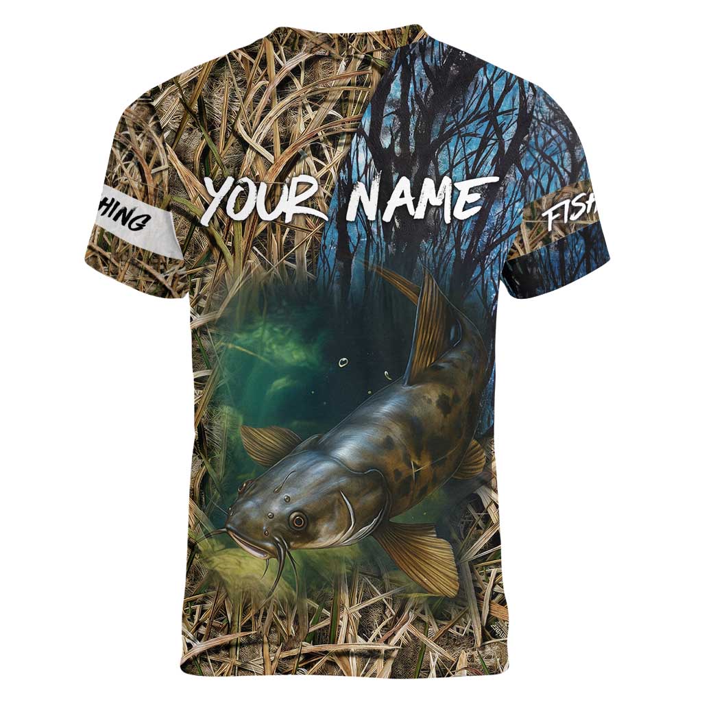 Catfish Fishing Underwater Scene Women V-Neck T-Shirt Custom Name Swamp Grass and Camouflage - Wonder Print Shop