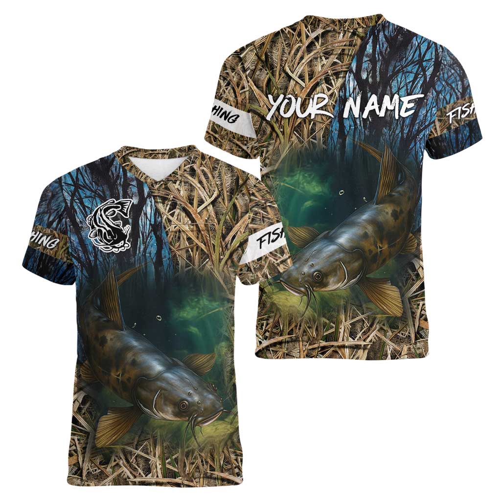 Catfish Fishing Underwater Scene Women V-Neck T-Shirt Custom Name Swamp Grass and Camouflage - Wonder Print Shop