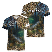 Catfish Fishing Underwater Scene Women V-Neck T-Shirt Custom Name Swamp Grass and Camouflage - Wonder Print Shop