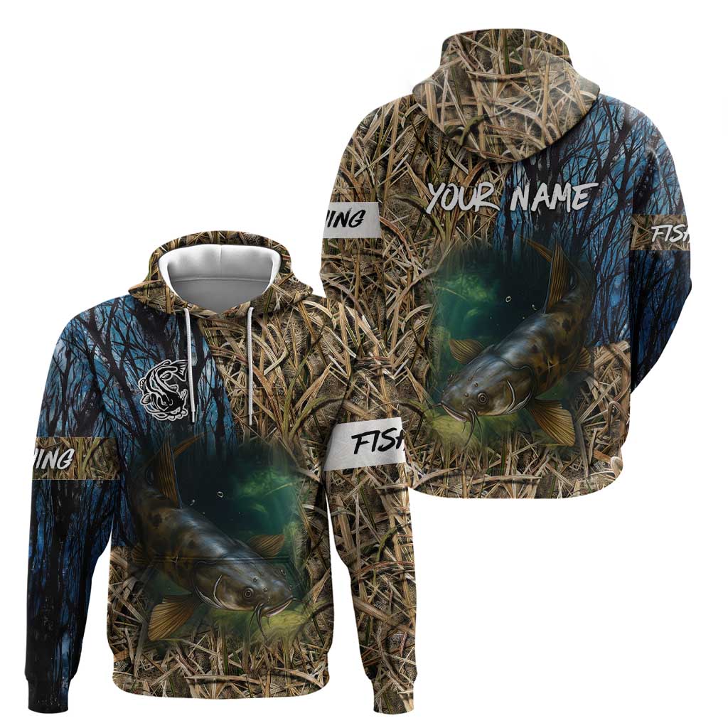 Catfish Fishing Underwater Scene Zip Hoodie Custom Name Swamp Grass and Camouflage - Wonder Print Shop