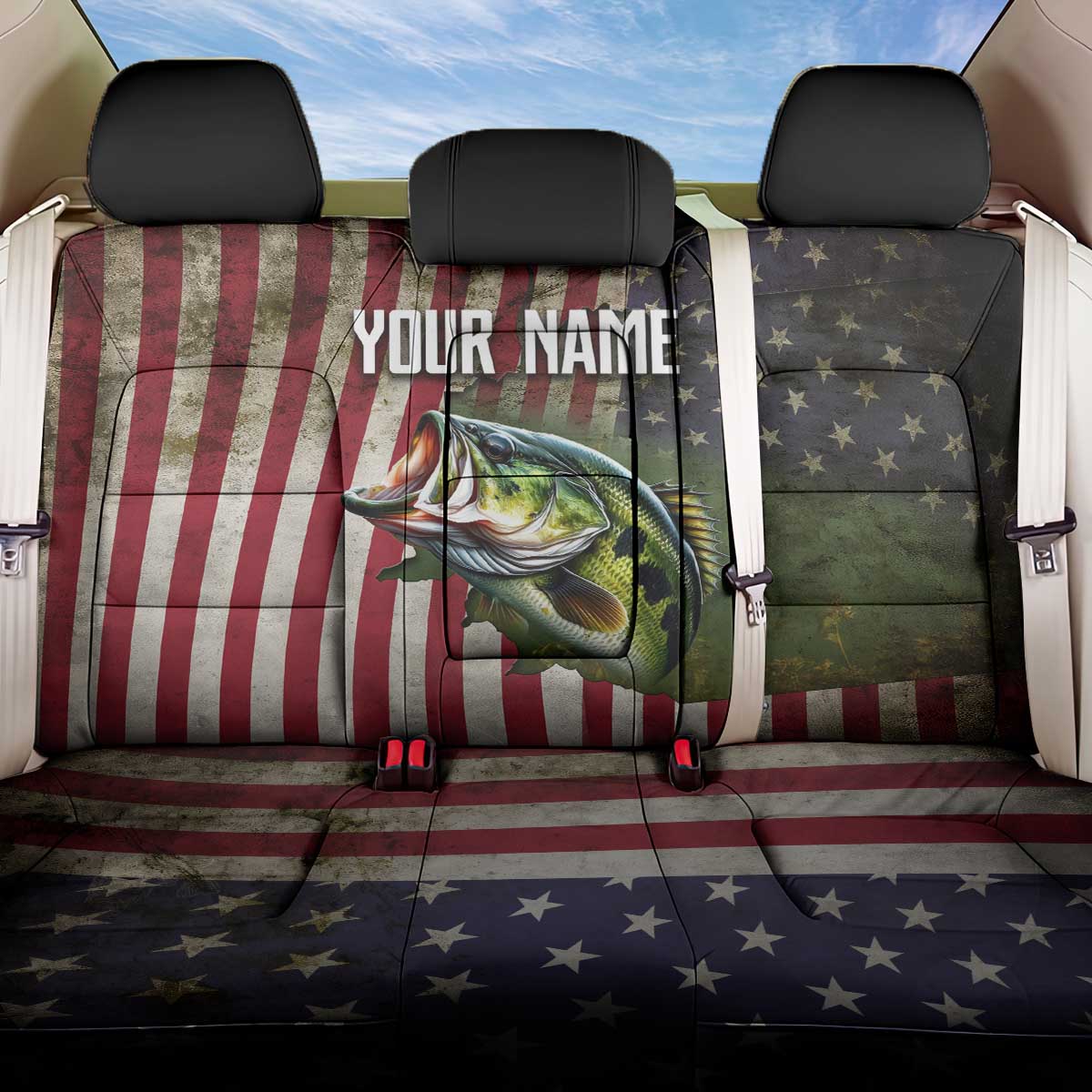 American Flag Largemouth Bass Fishing Back Car Seat Cover Jumping Fish Graphic and Custom Name Design - Wonder Print Shop