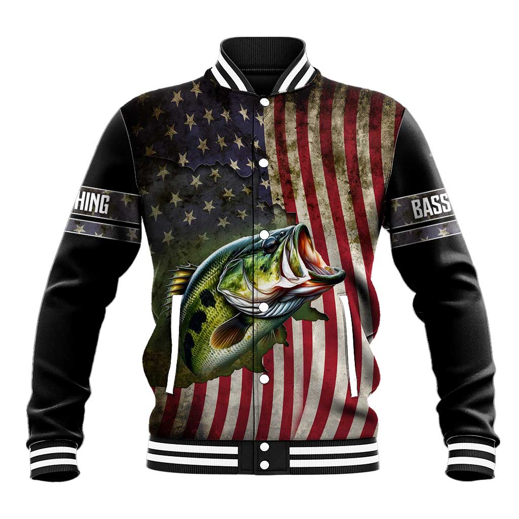 American Flag Largemouth Bass Fishing Baseball Jacket Jumping Fish Graphic and Custom Name Design - Wonder Print Shop