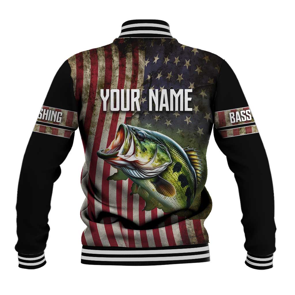 American Flag Largemouth Bass Fishing Baseball Jacket Jumping Fish Graphic and Custom Name Design - Wonder Print Shop