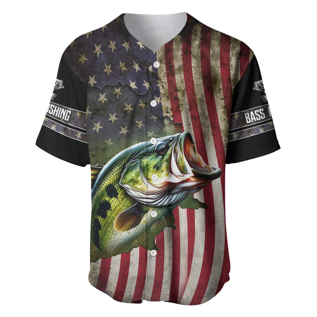 American Flag Largemouth Bass Fishing Baseball Jersey Jumping Fish Graphic and Custom Name Design - Wonder Print Shop