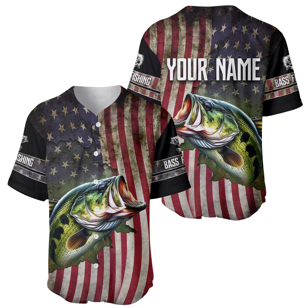 American Flag Largemouth Bass Fishing Baseball Jersey Jumping Fish Graphic and Custom Name Design - Wonder Print Shop