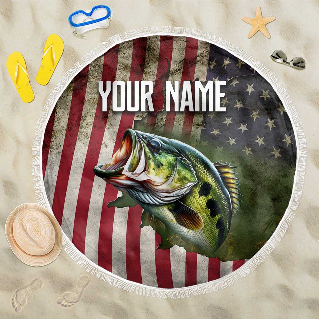 American Flag Largemouth Bass Fishing Beach Blanket Jumping Fish Graphic and Custom Name Design - Wonder Print Shop