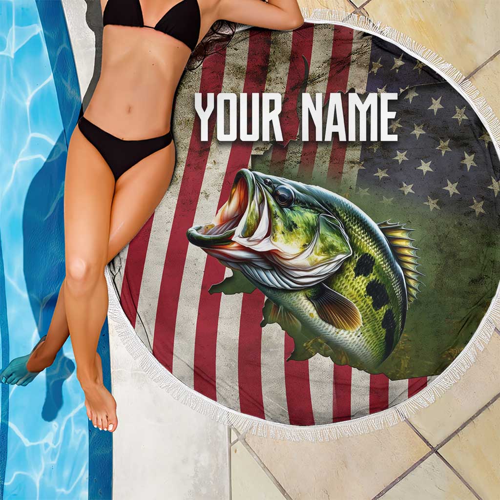 American Flag Largemouth Bass Fishing Beach Blanket Jumping Fish Graphic and Custom Name Design - Wonder Print Shop