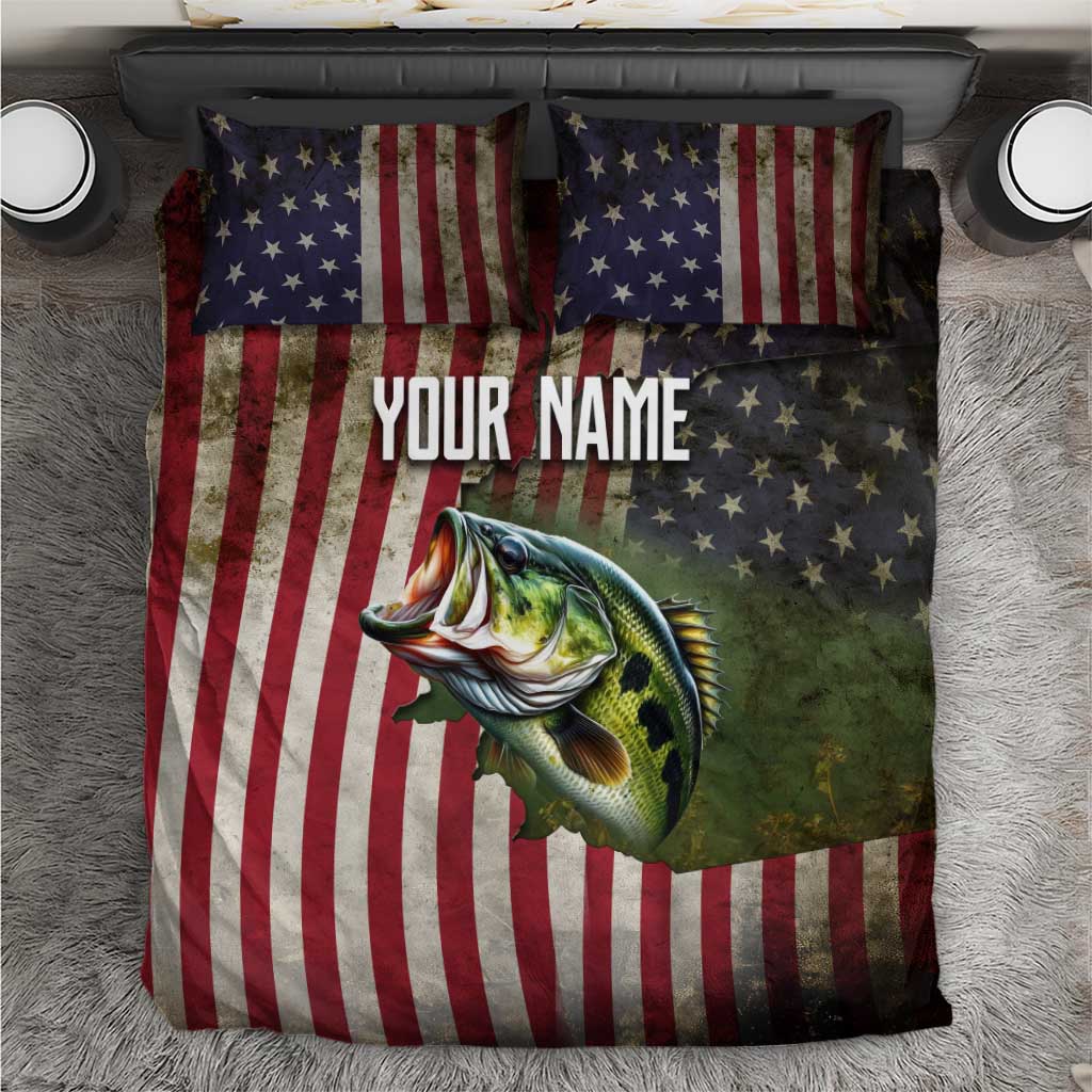 American Flag Largemouth Bass Fishing Bedding Set Jumping Fish Graphic and Custom Name Design - Wonder Print Shop