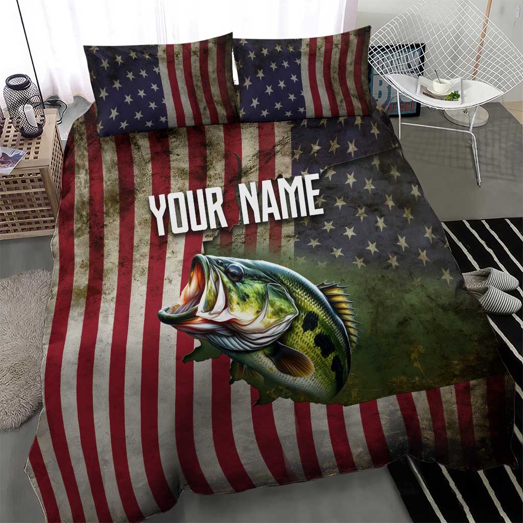 American Flag Largemouth Bass Fishing Bedding Set Jumping Fish Graphic and Custom Name Design - Wonder Print Shop