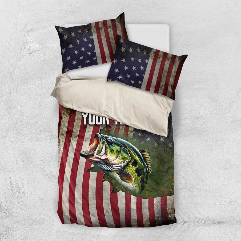 American Flag Largemouth Bass Fishing Bedding Set Jumping Fish Graphic and Custom Name Design - Wonder Print Shop