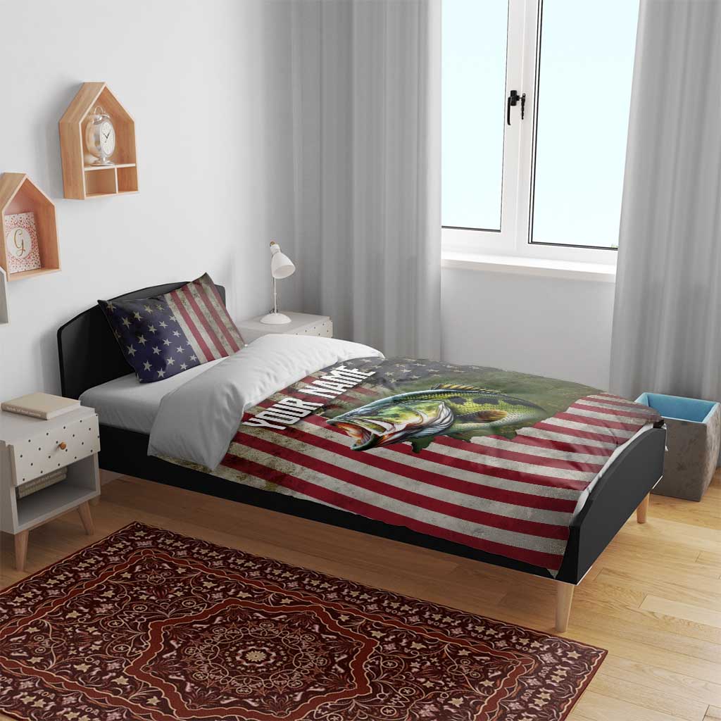 American Flag Largemouth Bass Fishing Bedding Set Jumping Fish Graphic and Custom Name Design - Wonder Print Shop