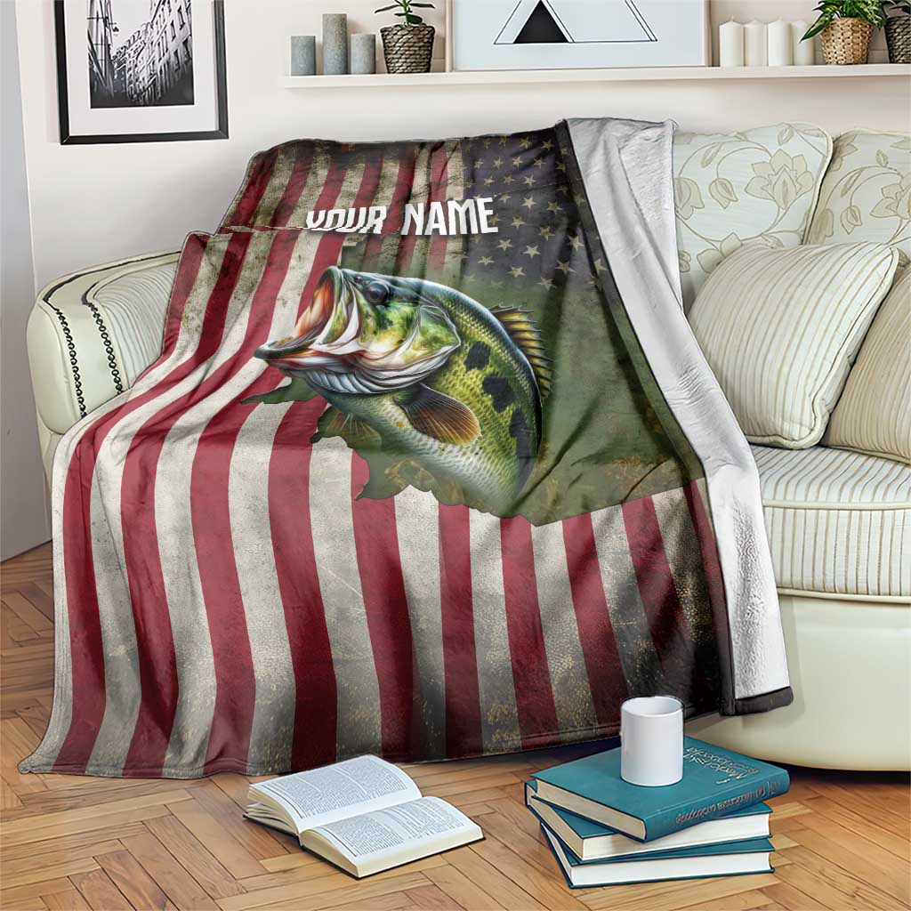 American Flag Largemouth Bass Fishing Blanket Jumping Fish Graphic and Custom Name Design - Wonder Print Shop