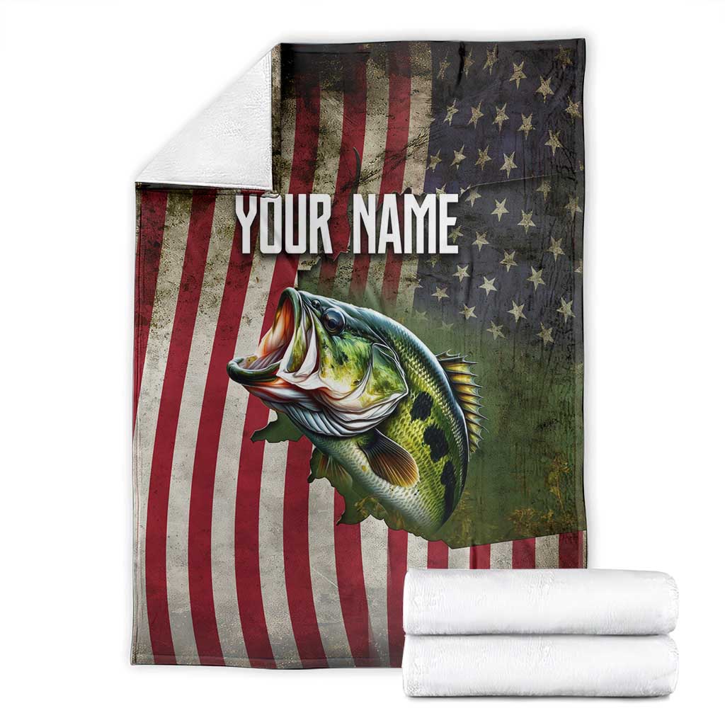 American Flag Largemouth Bass Fishing Blanket Jumping Fish Graphic and Custom Name Design - Wonder Print Shop