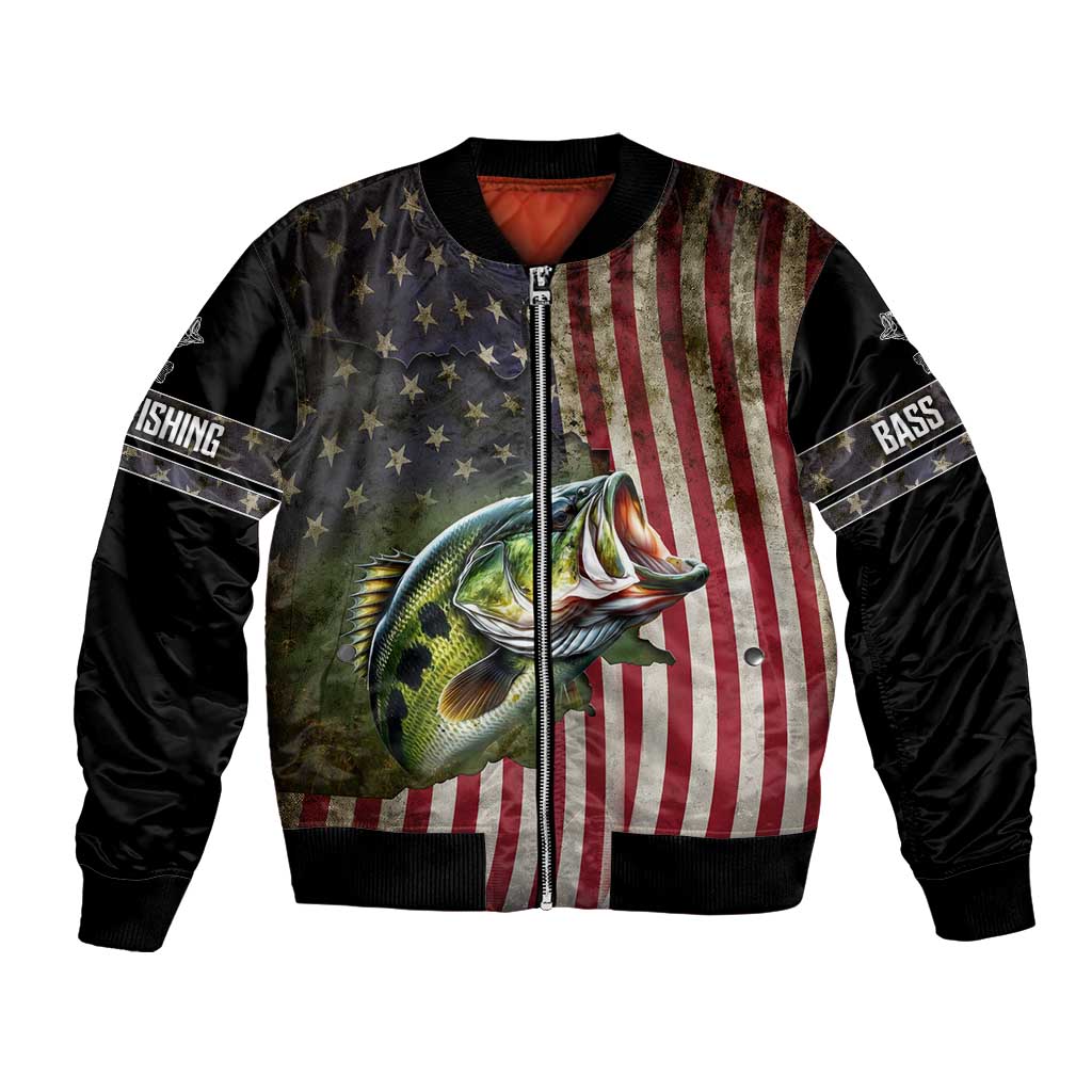 American Flag Largemouth Bass Fishing Bomber Jacket Jumping Fish Graphic and Custom Name Design - Wonder Print Shop