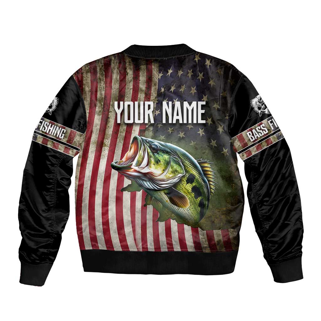 American Flag Largemouth Bass Fishing Bomber Jacket Jumping Fish Graphic and Custom Name Design - Wonder Print Shop