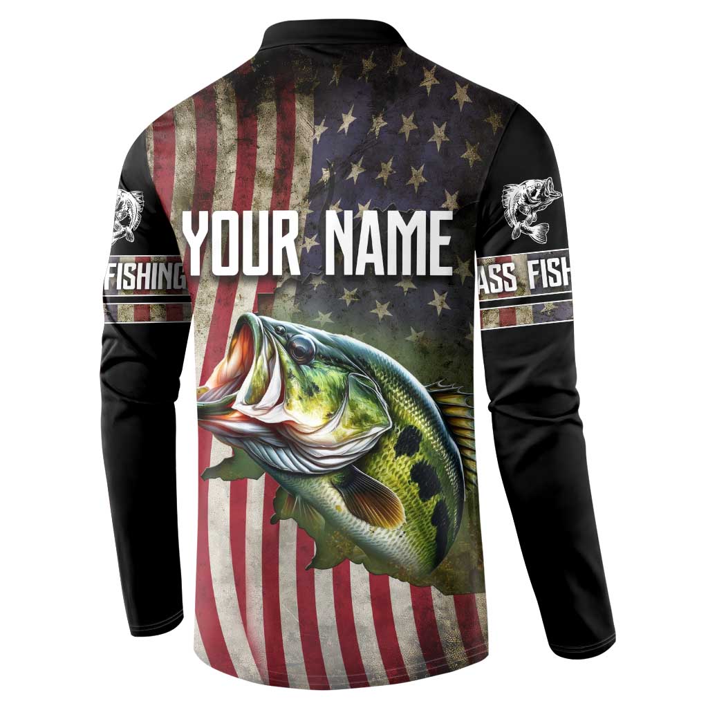 American Flag Largemouth Bass Fishing Button Sweatshirt Jumping Fish Graphic and Custom Name Design - Wonder Print Shop