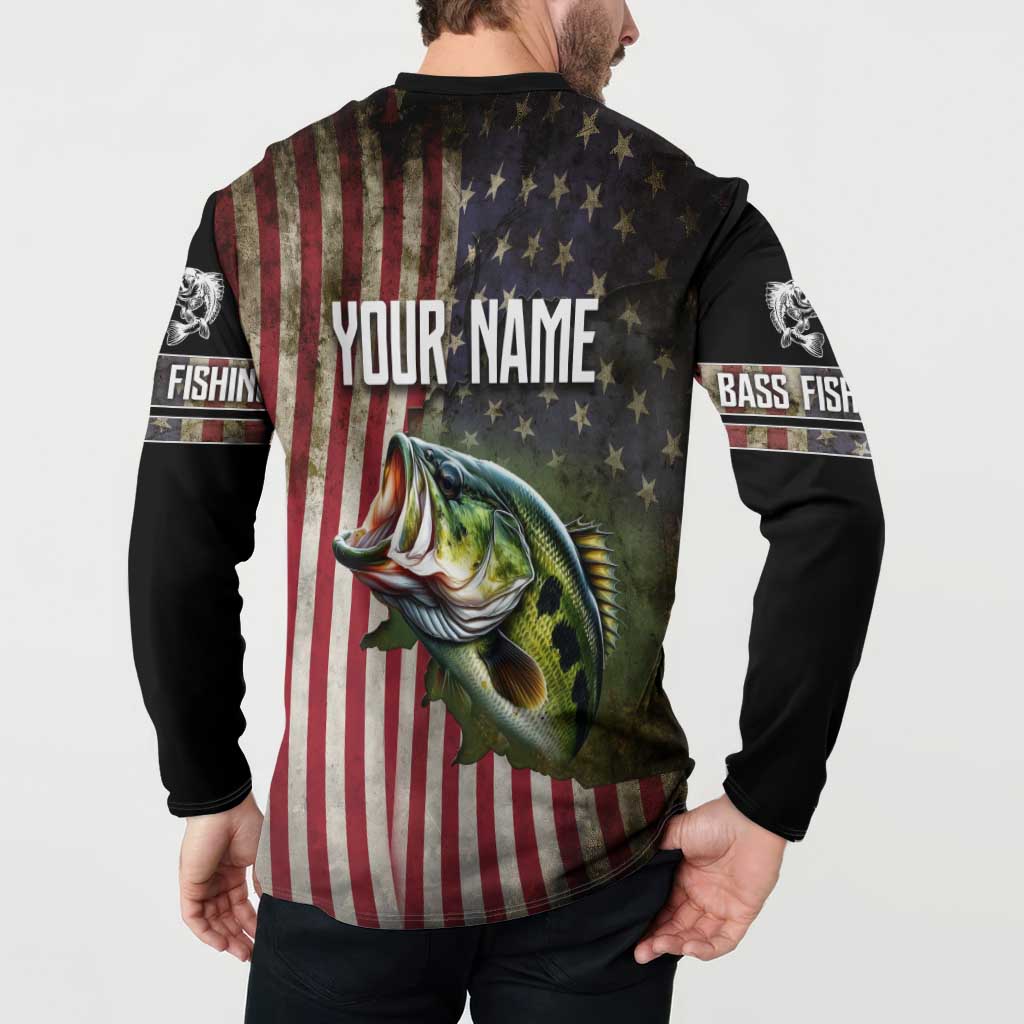 American Flag Largemouth Bass Fishing Button Sweatshirt Jumping Fish Graphic and Custom Name Design - Wonder Print Shop