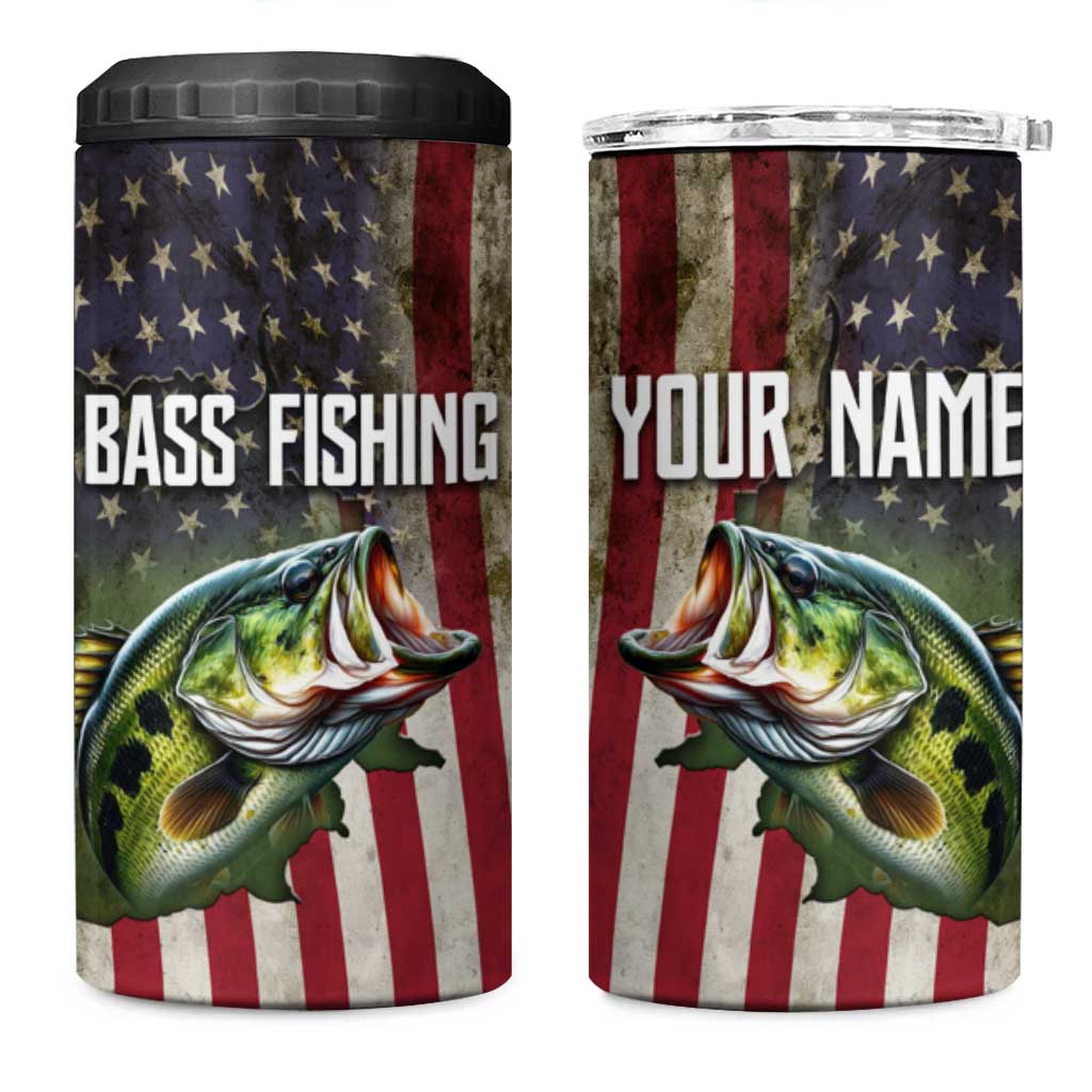 American Flag Largemouth Bass Fishing 4 in 1 Can Cooler Tumbler Jumping Fish Graphic and Custom Name Design - Wonder Print Shop
