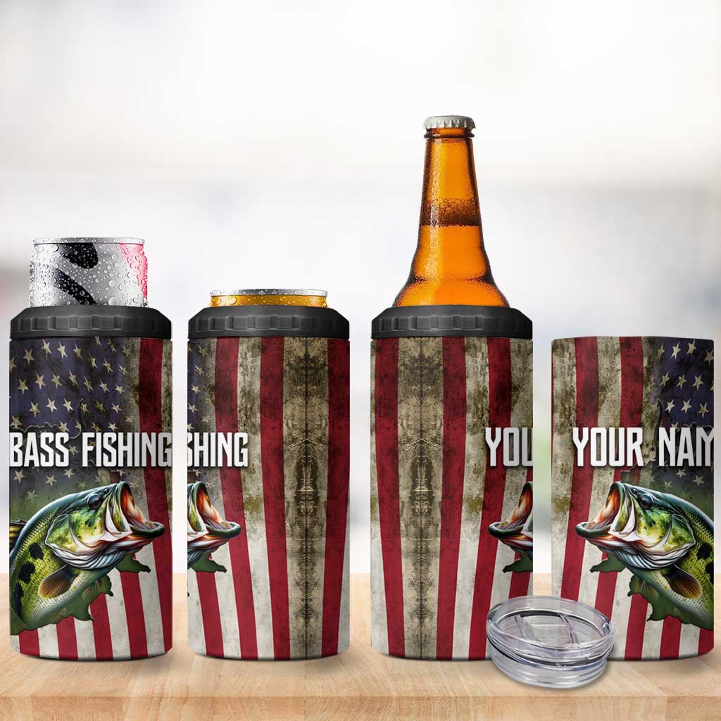 American Flag Largemouth Bass Fishing 4 in 1 Can Cooler Tumbler Jumping Fish Graphic and Custom Name Design - Wonder Print Shop