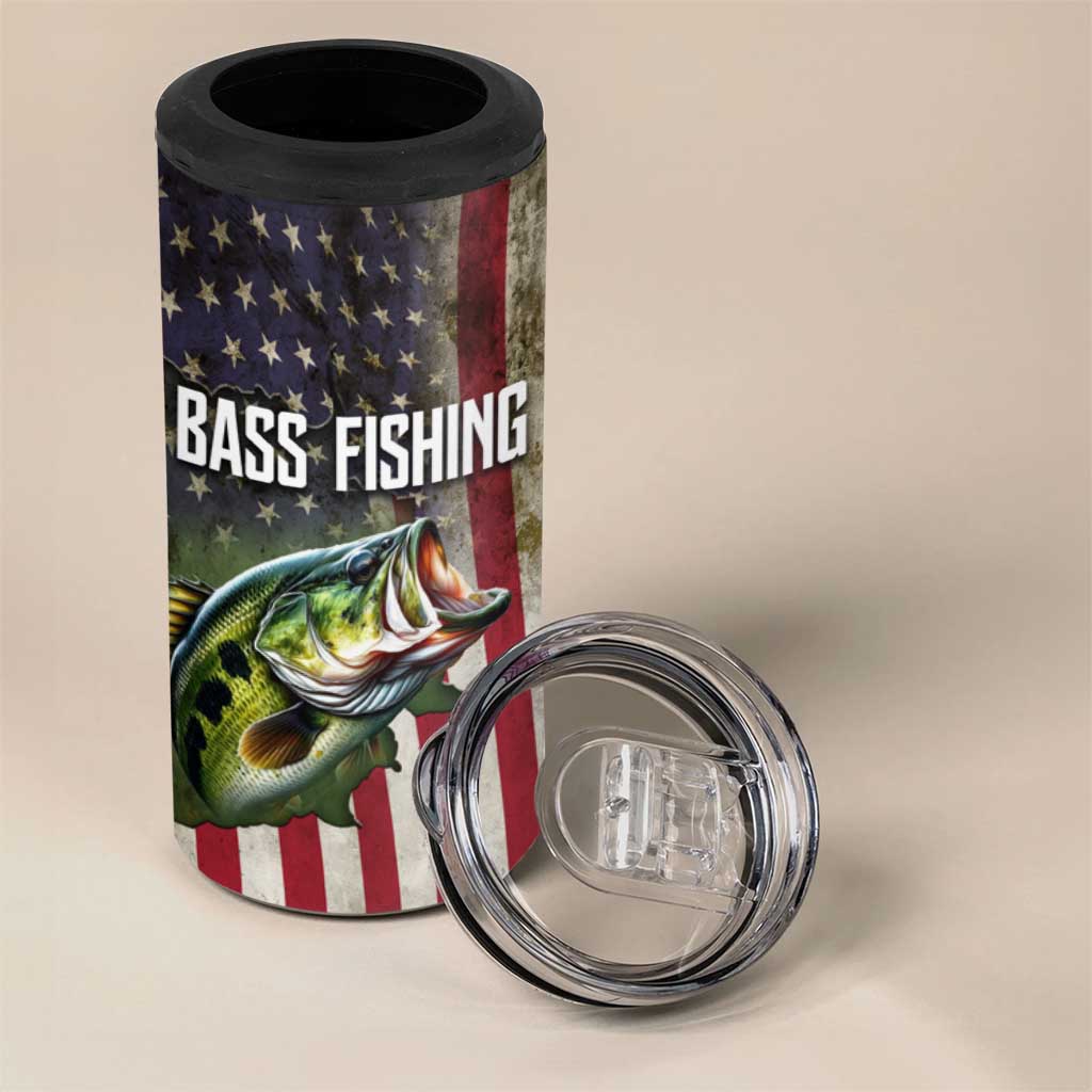 American Flag Largemouth Bass Fishing 4 in 1 Can Cooler Tumbler Jumping Fish Graphic and Custom Name Design - Wonder Print Shop