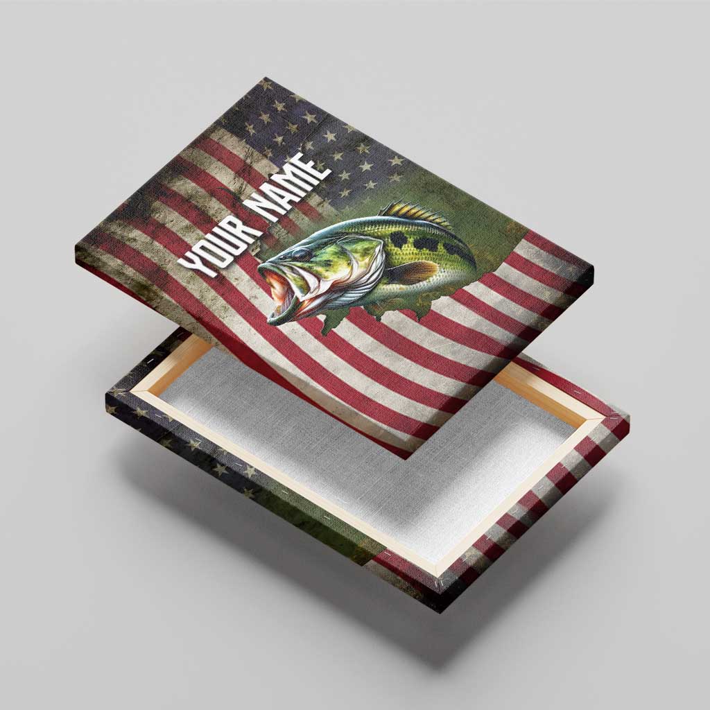American Flag Largemouth Bass Fishing Canvas Wall Art Jumping Fish Graphic and Custom Name Design - Wonder Print Shop