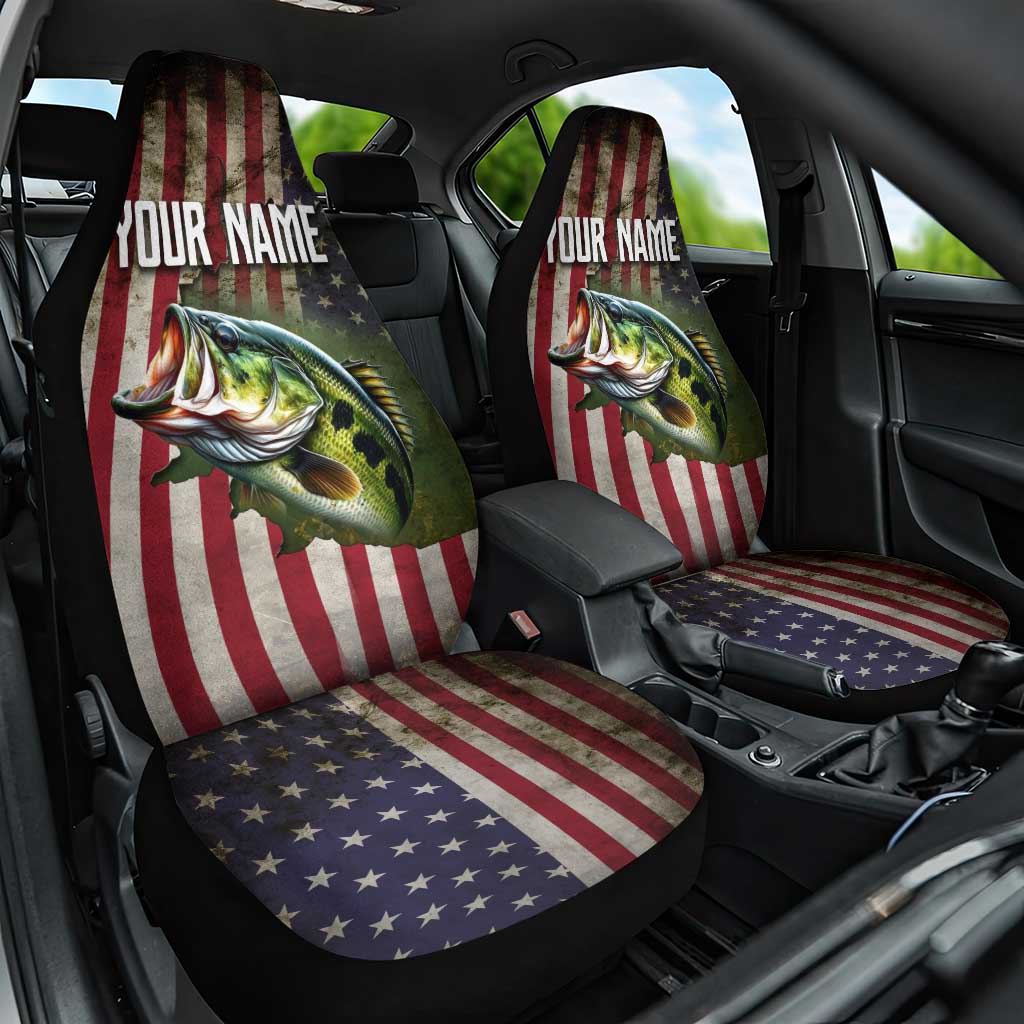 American Flag Largemouth Bass Fishing Car Seat Cover Jumping Fish Graphic and Custom Name Design - Wonder Print Shop