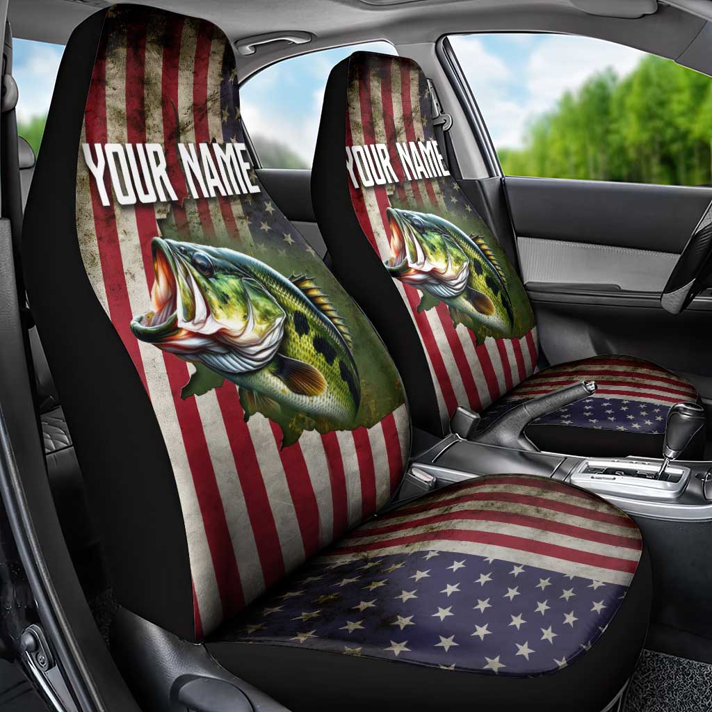 American Flag Largemouth Bass Fishing Car Seat Cover Jumping Fish Graphic and Custom Name Design - Wonder Print Shop