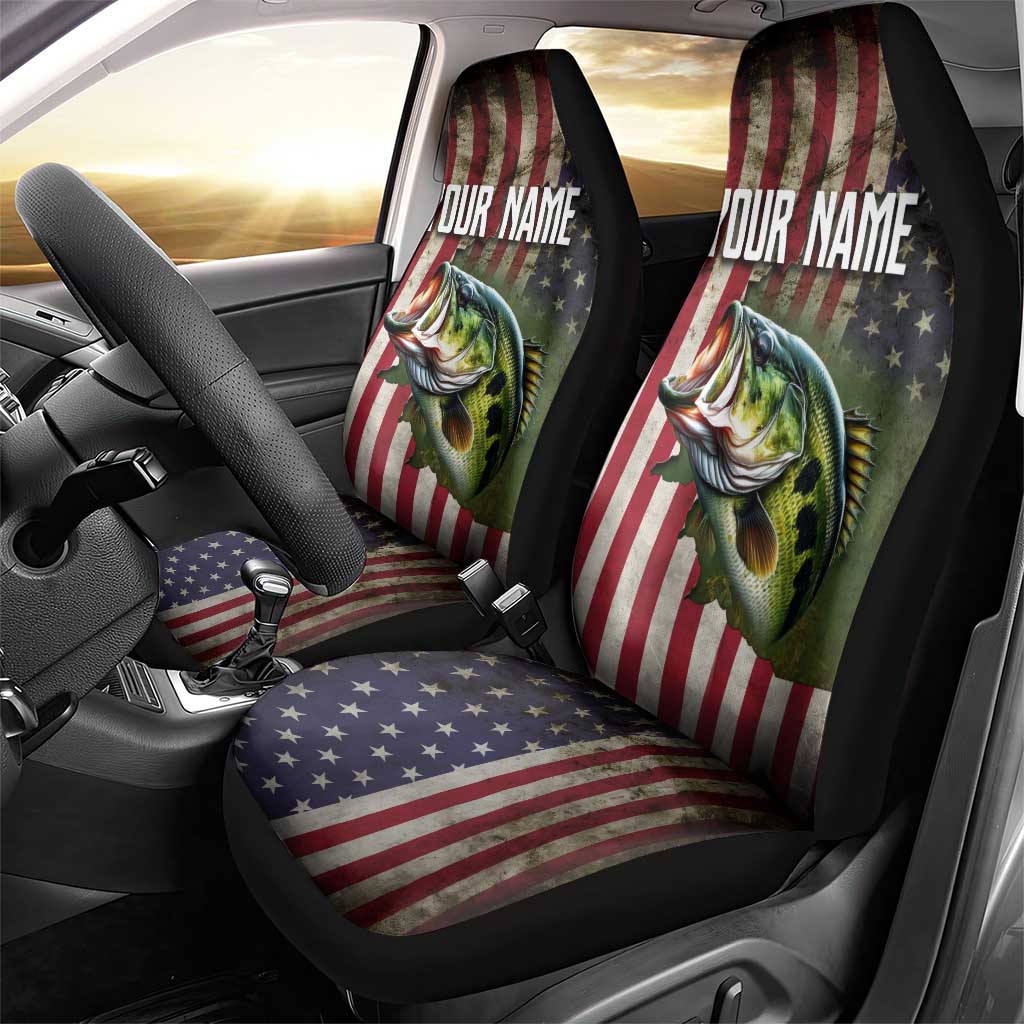 American Flag Largemouth Bass Fishing Car Seat Cover Jumping Fish Graphic and Custom Name Design - Wonder Print Shop
